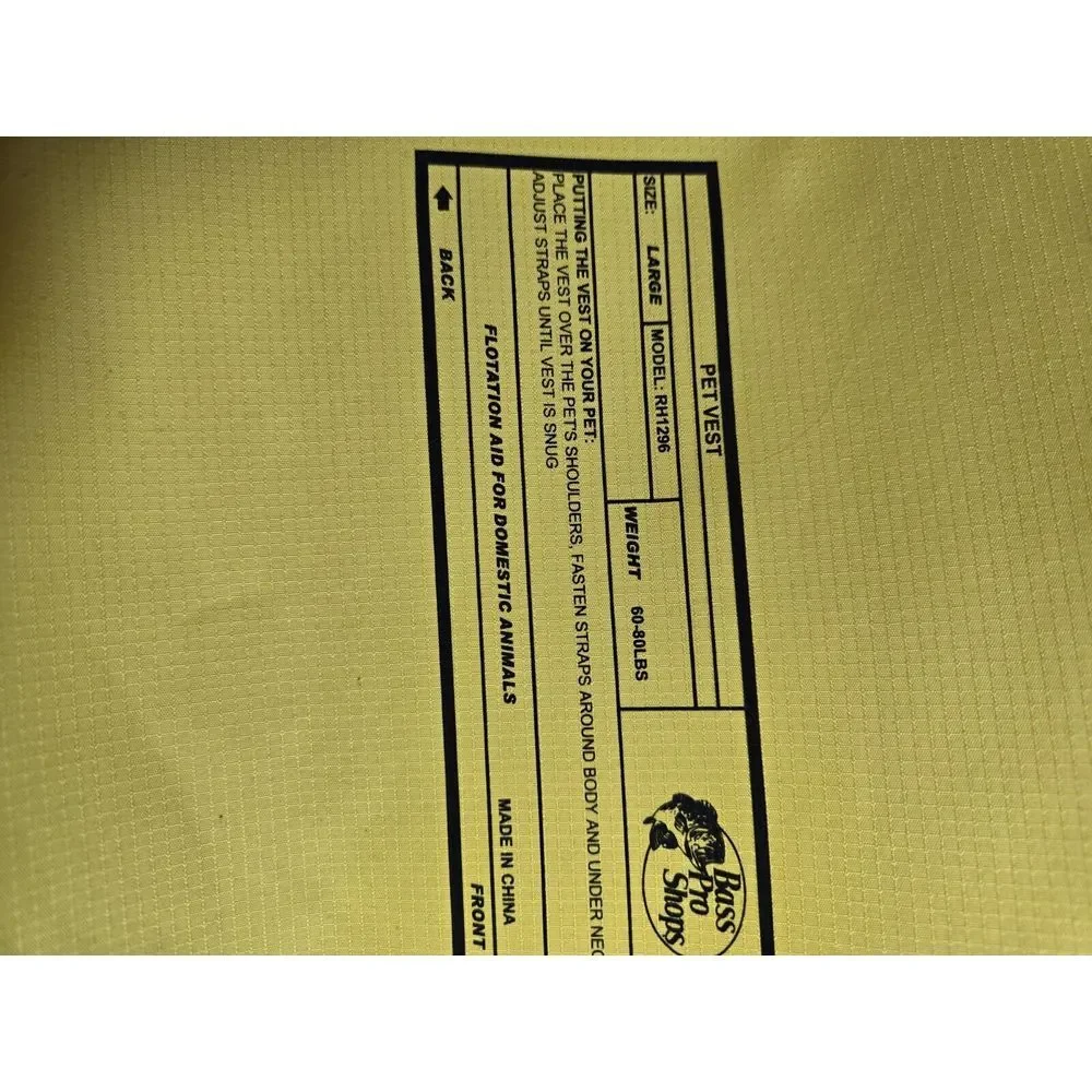 Bass Pro Shops Large Pet Swim Paddle Aid Vest Yellow 60-80 Lbs D Clip Adj Straps
